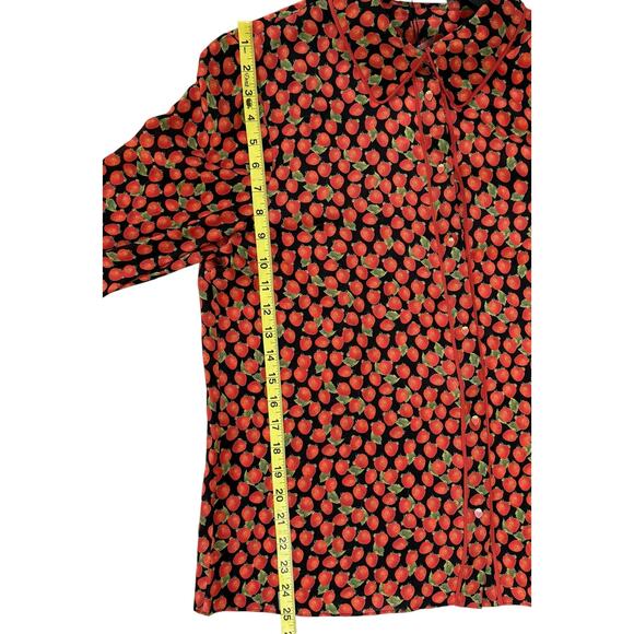 ALICE + OLIVIA Willa Long Sleeve Strawberry Print Silk Button-Up Shirt - Picture 9 of 9